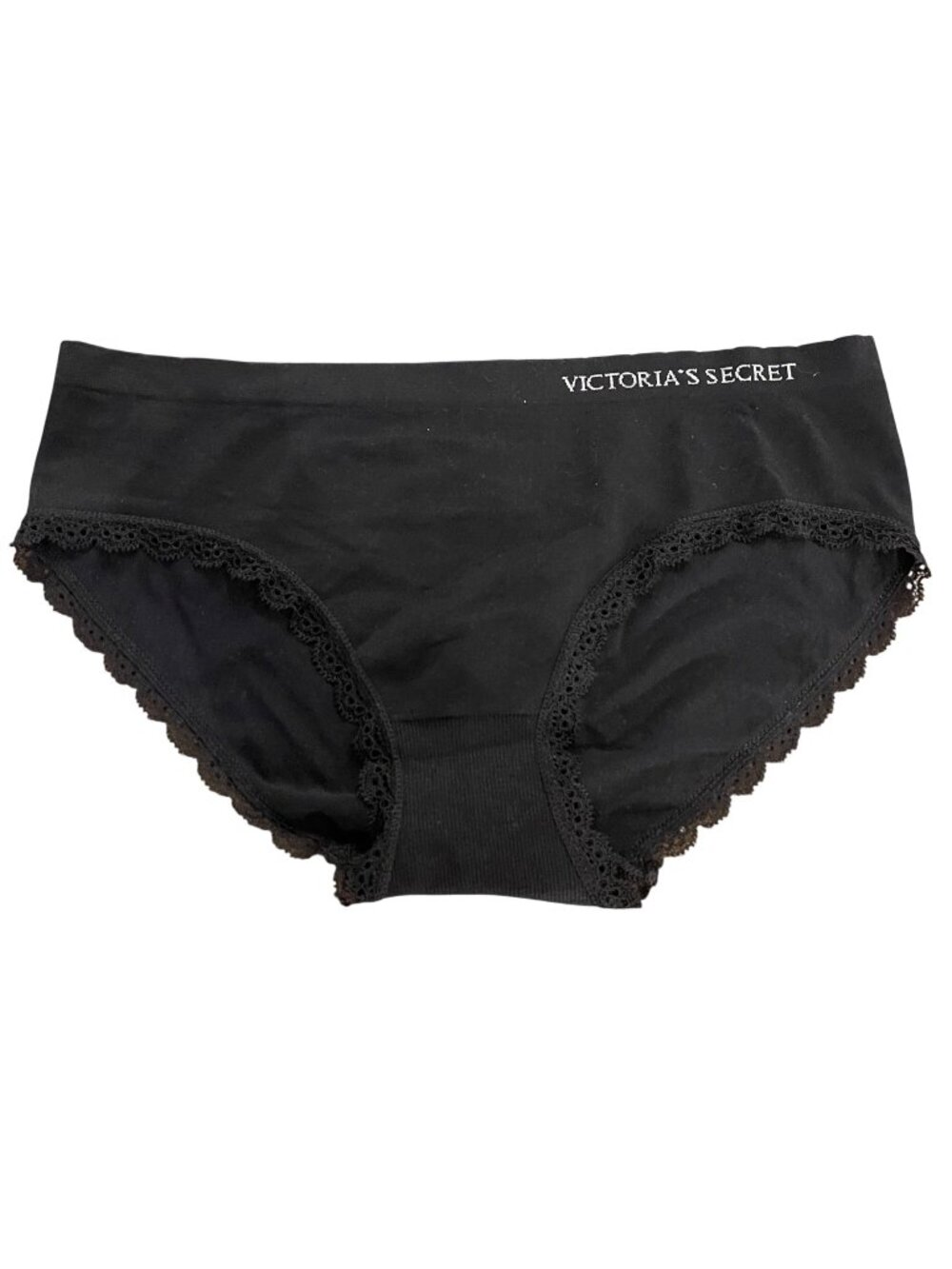 NWT Victorias Secret Black Lace Trim Hiphugger Panty Medium Nylon Blend MEDIUM